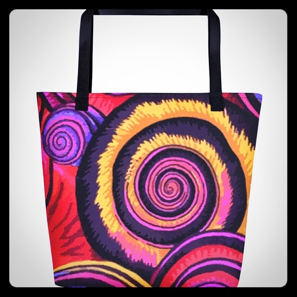 Canvas tote with vibrant spiral design. - Picture 1 of 3